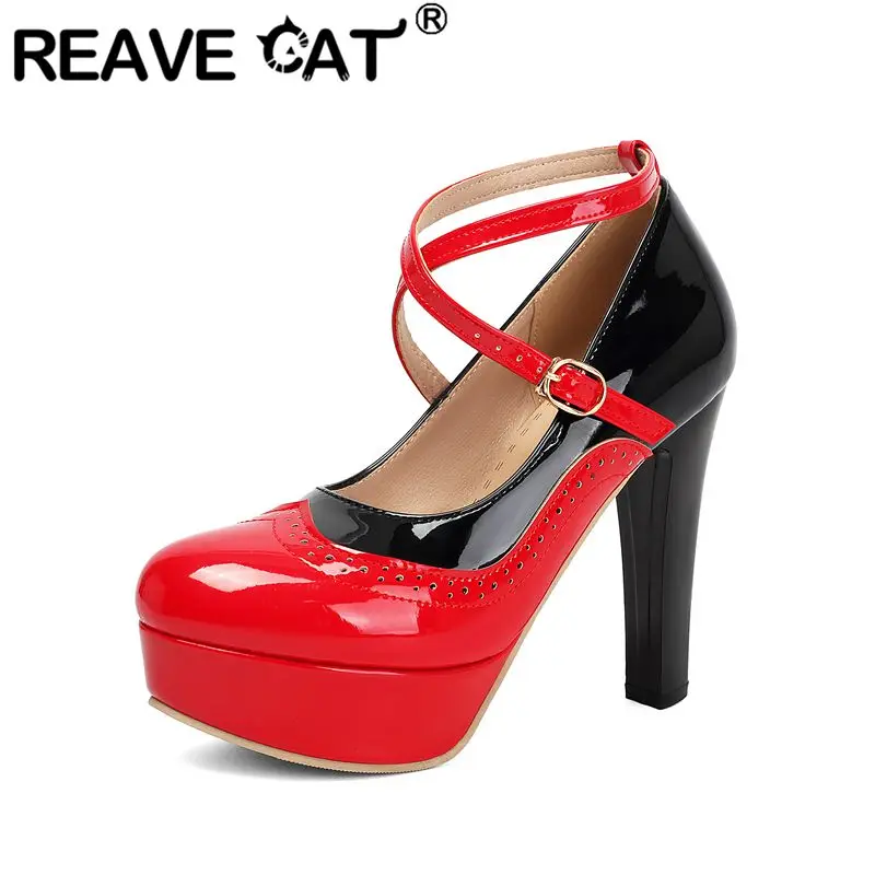 REAVE CAT 2027 Women Pumps Round Toe 12cm Block Heel 3cm Platform Buckle Strap Mixed Color Small Big Size 33 46 47 48 Red Pink