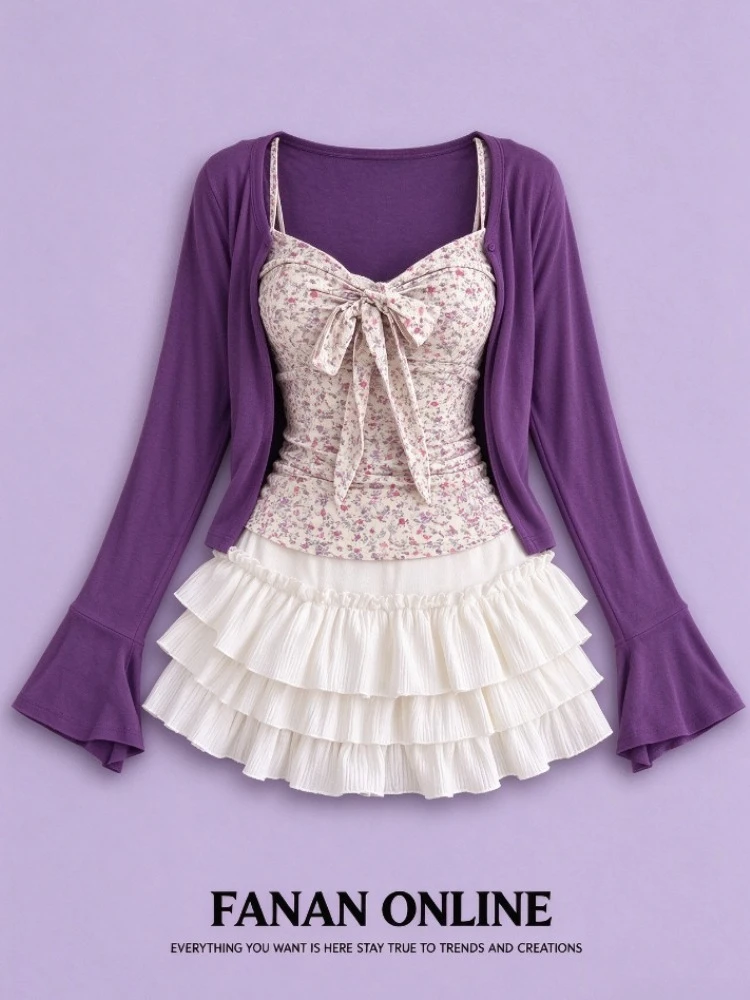 Women Japanese Sweet Preppy 2 Piece Set Kawaii Lace Bow Tops Mini Skirt Korean American Retro Subculture Cute Fashion Outfits
