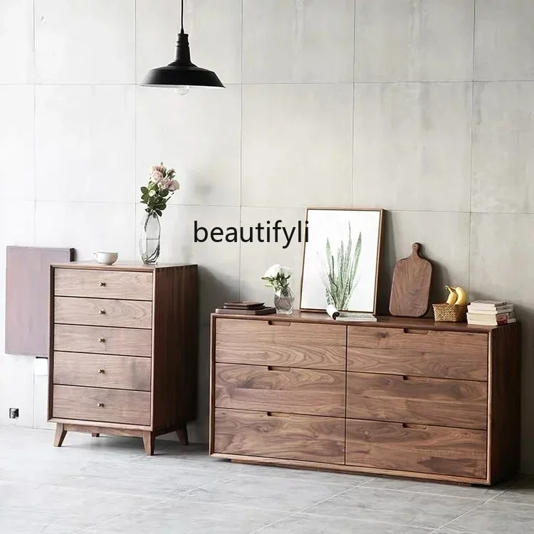 

1184Black Walnut Color Chest of Drawers Simple Modern Pure Solid Wood Chest of Drawer Living Room Bedroom Storage Side Cabinet