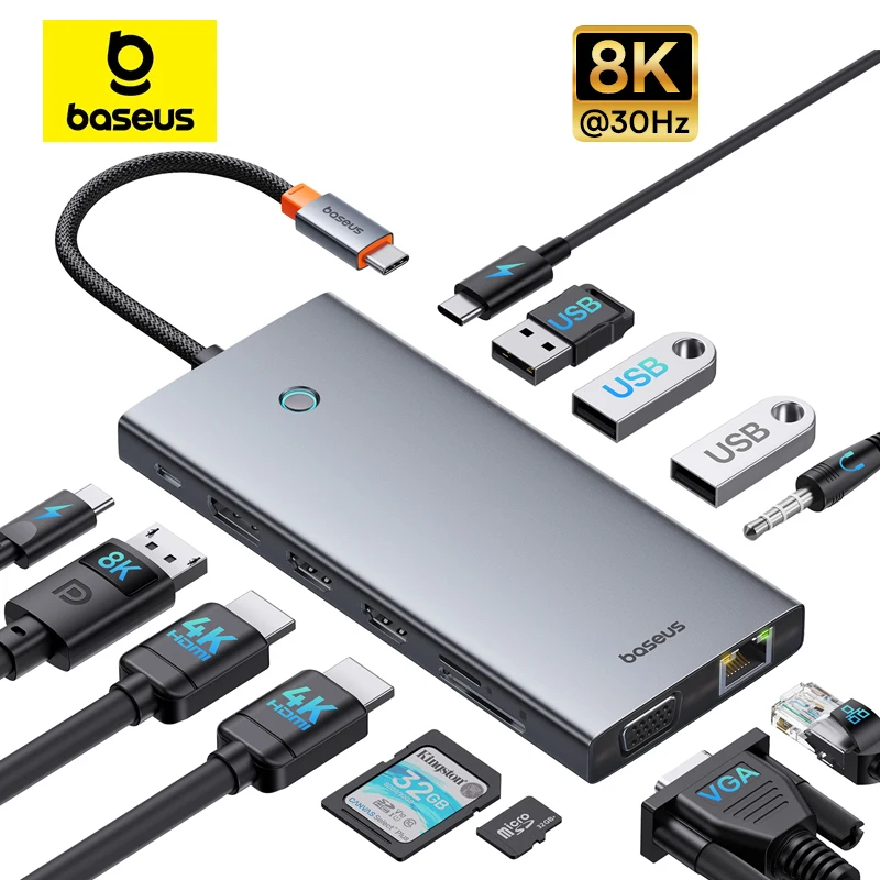 

Baseus 8K@30Hz USB HUB Type C to DP HDMI-compatible 13-In-1 4K 60Hz 120Hz RJ45 VGA Converter PD 100W USB 3.0 2.0 For Macbook PC