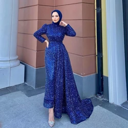 Customized Royal Blue Muslin Evening Dresses Full Sleeve Sequined Prom Gowns Ankle Length 2025 Summer New Robe De Soirée Zipper