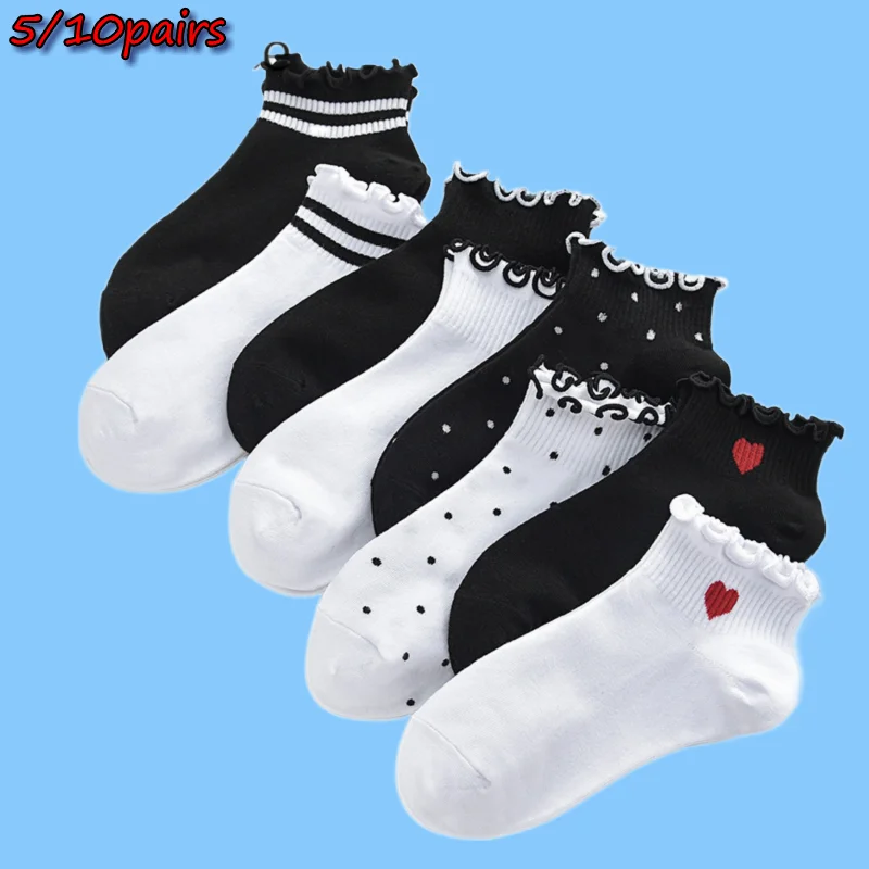 

High Quality 5/10 Pairs Chic Cusual White Black Cotton Socks Girls Cute Crimped Stripes Dots Heart Short Ankle Sokken Dropship