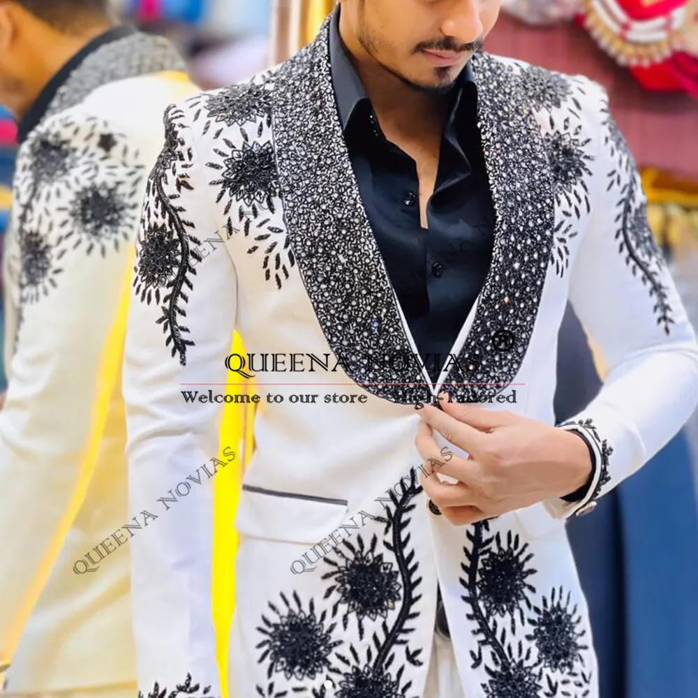 Luxury Beaded Rhinestones Suits Men Slim Fit Jacket Pants 2-Piece Sets Groom Formal Party Dresses Man Wedding Tuxedo Prom Blazer
