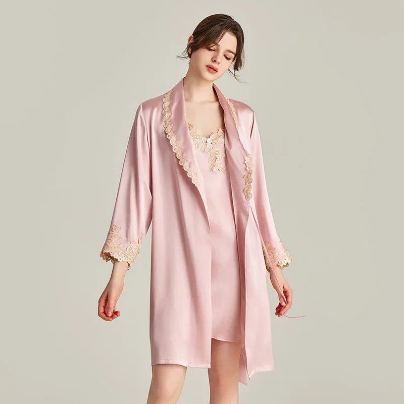 

French Style 100% Mulberry Silk Slip Dress Robe Sleep Set Lace Trim Lapel Bathrobe with Split Sling Nightgown Loungerwear Pijama