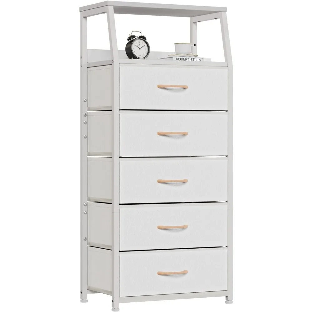 

White Dresser with 5 Drawers, Vertical Storage Tower Fabric Dresser for Bedroom, Hallway, Entryway, Nursery,Table Furniture