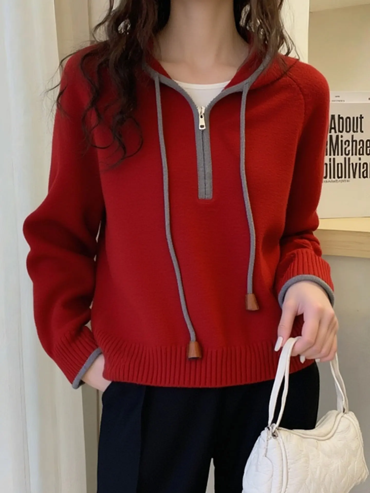 Felpa con cappuccio lunga rossa di Capodanno Sve Camere maglione lavorato a maglia da donna sciolto pigro Sle inverno top caldo termico versione coreana