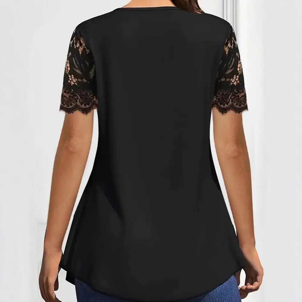 

Matte Fabric Blouse Women Tops Women’s V Neckline Lace Splicing Top Short Sleeve Pullover Blouse Loose Hem for Summer