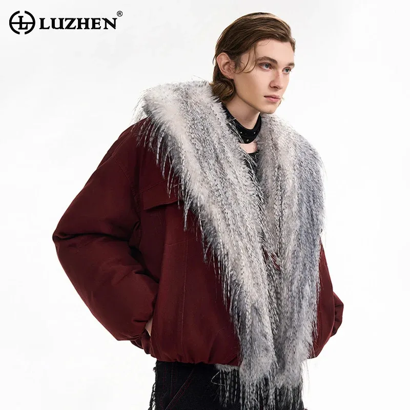 LUZHEN High Quality Fur Splicing Placket Design Loose Padded Cardigan Men's 2024 Winter Fashion Street Elegant Parka Coat LZ8338