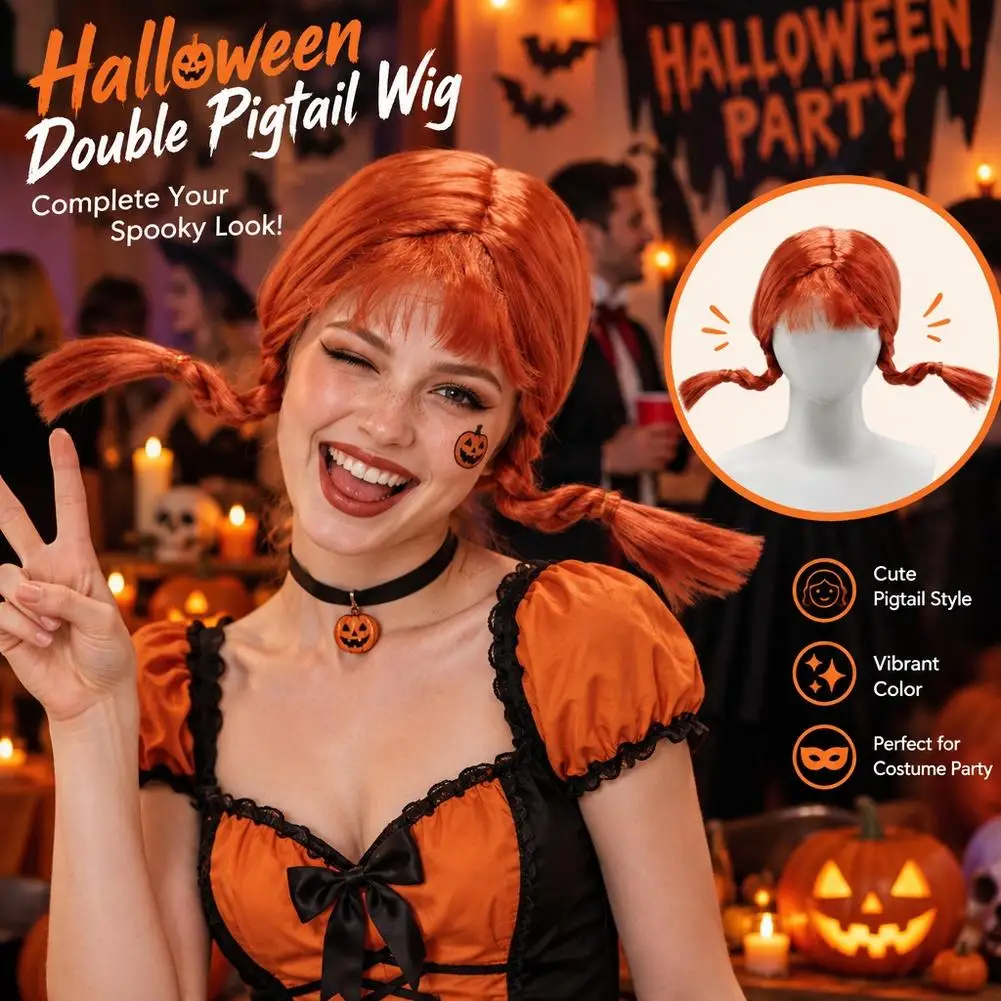 Orange Neat Bangs Anti-Warped Braid Synthetic Wig | Wig Suitable for Anime Elf Role-Playing Halloween Theme Orange Girl