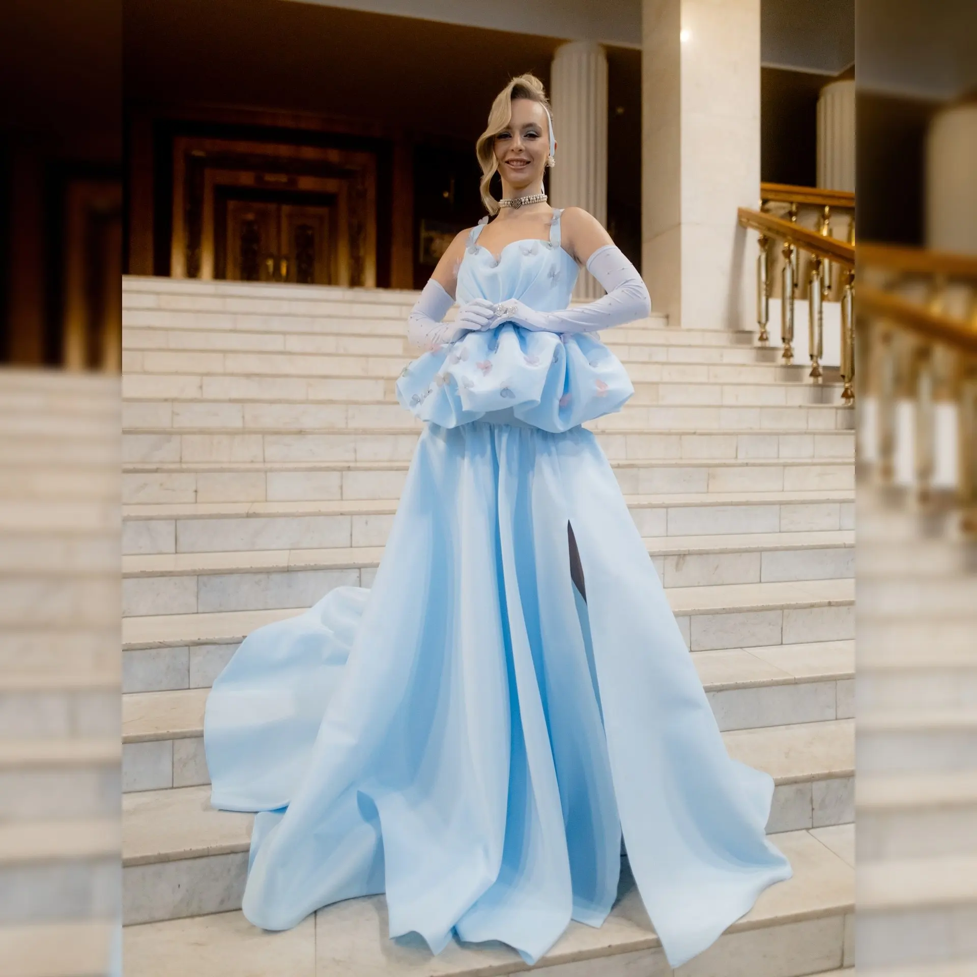 

Женское вечернее платье, бальное платье длиной до пола, атласное платье с 3D аппликацией в виде бабочки Синее свадебное платье для гостей, роскошная официальная одежда