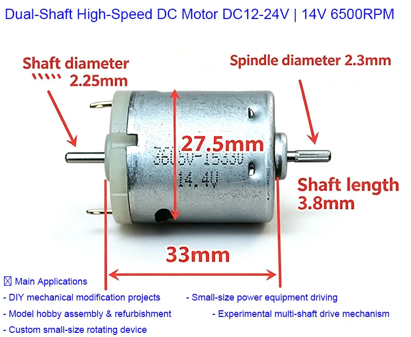 DC 12-24V Dual Shaft High Speed DC Motor 14V Rated 6500RPM No-load 80mA 1A Stall Current 27.5mm*33mm 55g for DIY Projects