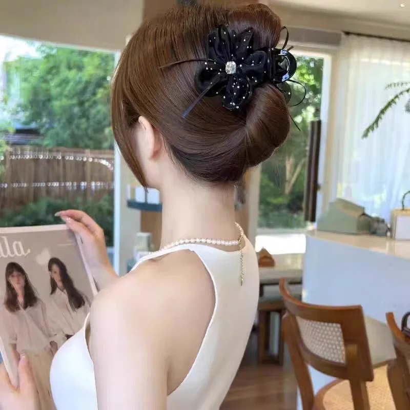 Bowknot Mesh Ribbon Flower Shark Clip Temperament Versatile Shark Clip Rhinestone Hairpin Ponytail Clip Hair Accessories