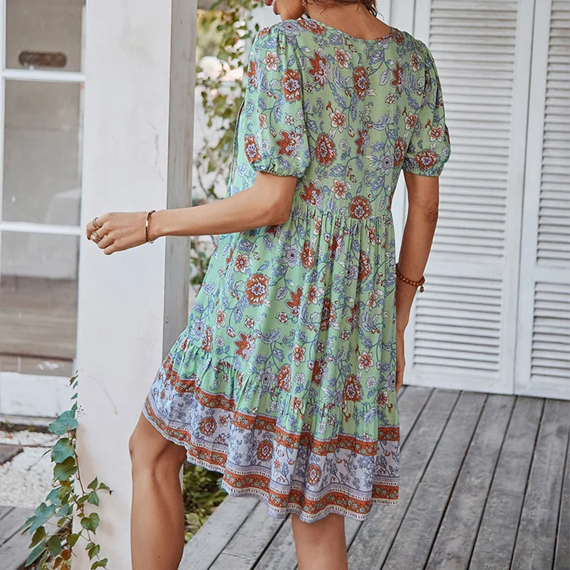 보헤미안 여성 여름 미니 드레스 섹시한 짧은 소매 Boho 비치 Sundress v 넥 캐주얼 루즈 빈티지 레이스 업 드레스 Vestidos