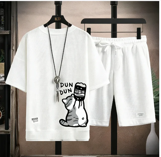 

Summer New Loose Men's ort Sve T-irt Set Casual Sportswear Polyester Fabric Versatile Five-Quarter Pants Polyester Fib...