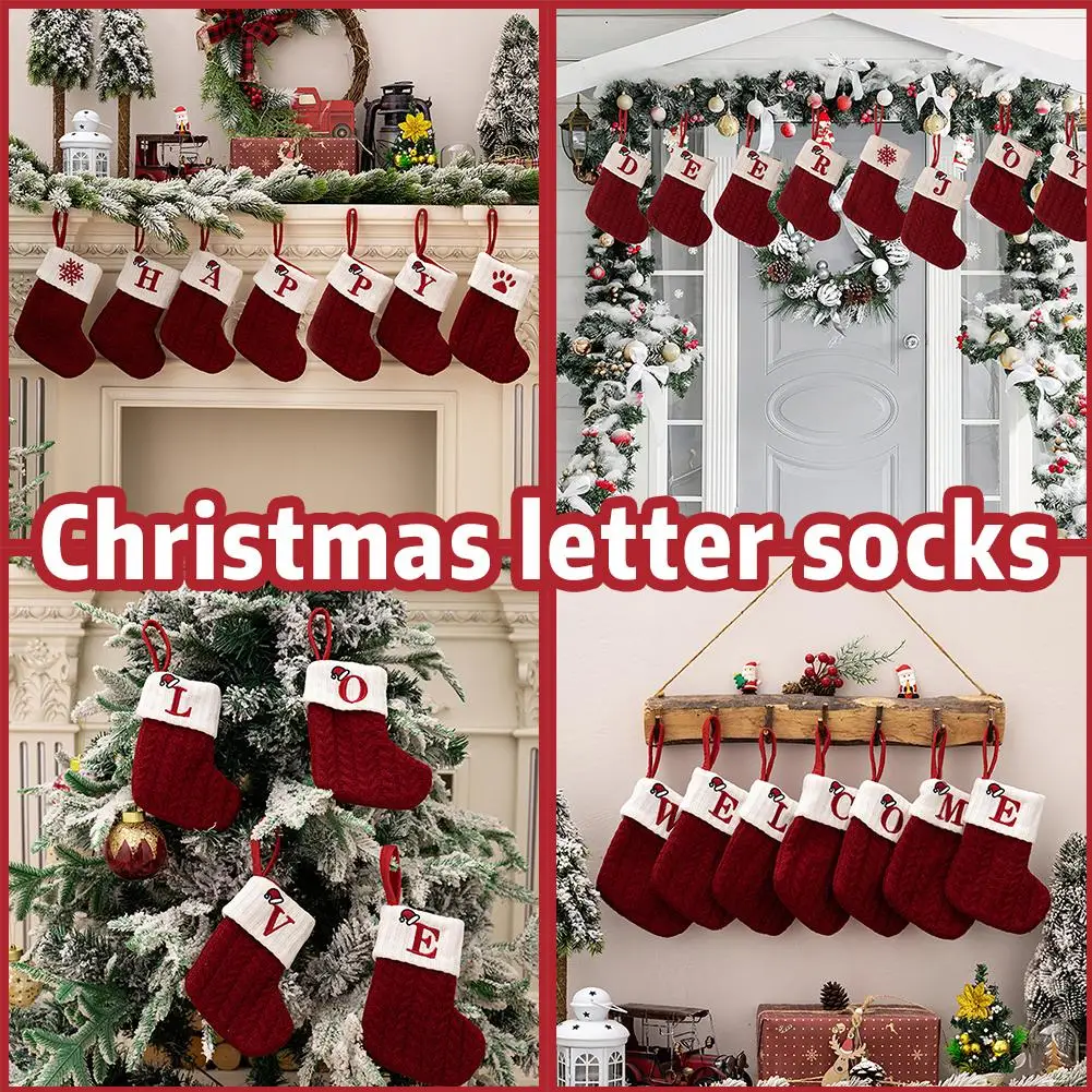 Christmas Alphabet Knitting Socks Cute Red Knitted Christmas Xmas Decoration Ornaments Gift Socks Christmas Tree Santa Home D1w9