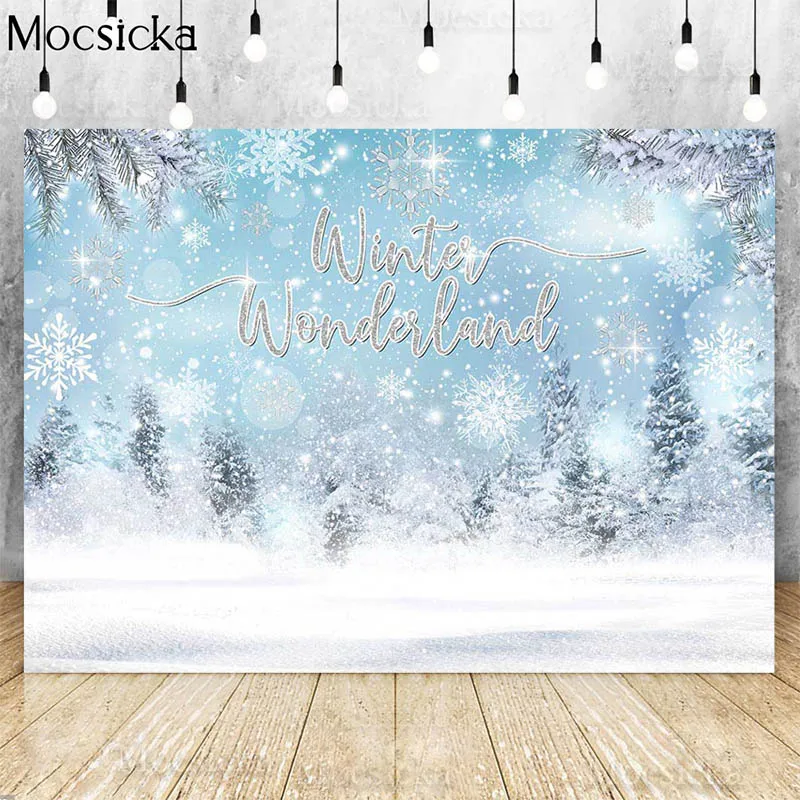 

Mocsicka Snowflake Backdrop Winter Onederland Birthday Party Decoration Blue Silver Wonderland Forest Photo Background Studio