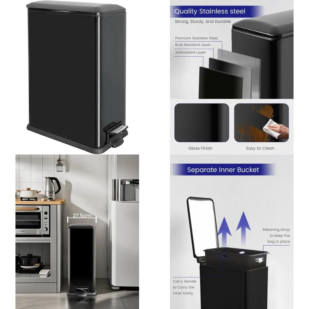 

Large 45-Litre Pedal Bin with Soft-Close Lid and Removable Inner Trash Bin for Kitchen Use