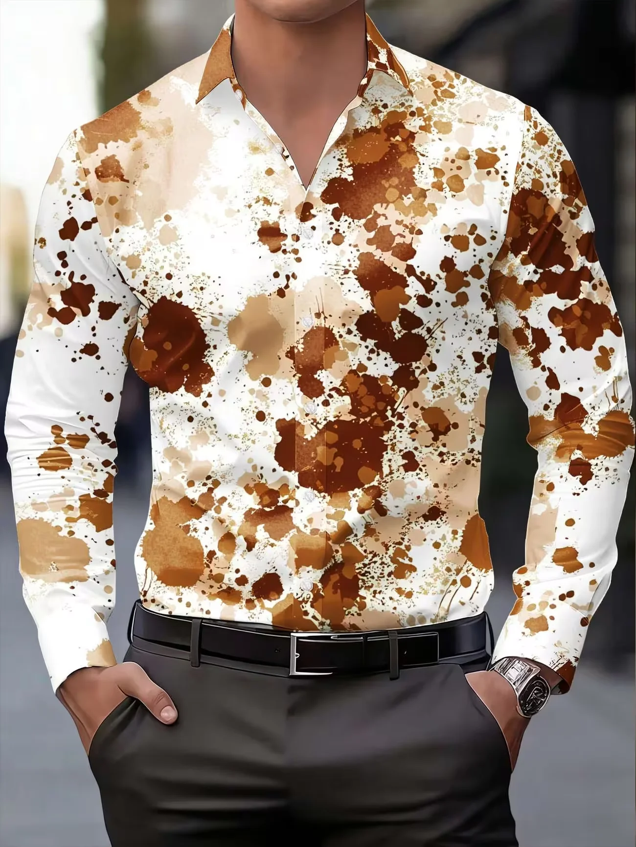New black background fluorescent green pixel checkered mottled print men's lapel casual long sleeved shirt