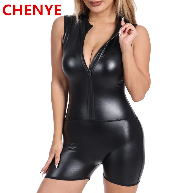 Women\'s Shaper Hot Metallic Front Zip Mock Neck Catsuit Bodysuit Sexy One Piece Faux Leather Short Jumpsuits Tank Tops Shapewear