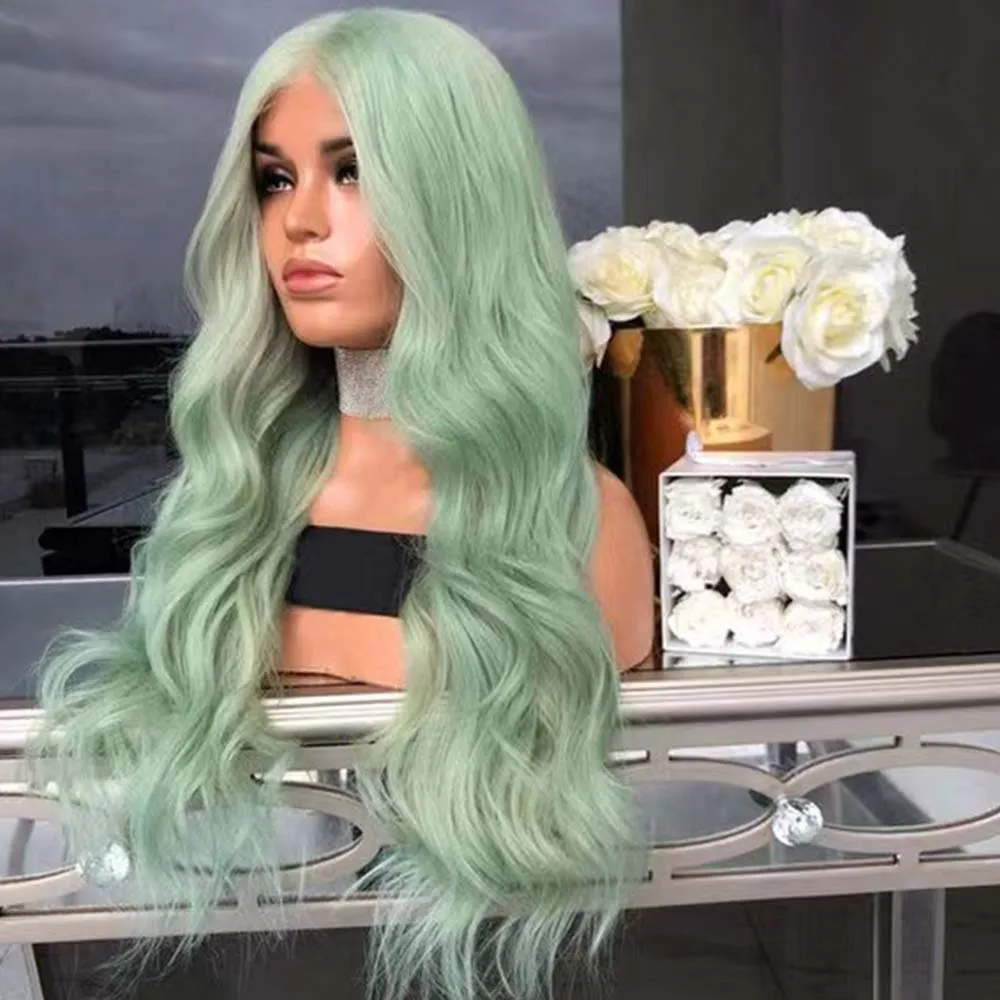 FANXITION Synthetic Lace Front Wigs with Middle Part Light Green Long Body Wave Wigs Natural Hairline Heat Resistant Glueless