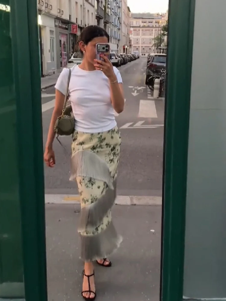 Romantic Floral Maxi Skirt Fringe Slim Fit Women Long Bottoms Evening Party Chic Elegant Stylish Streetwear