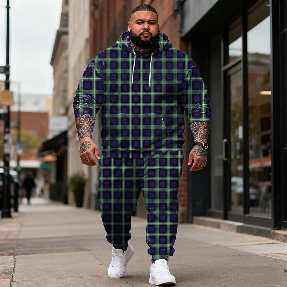 

S-9xl plus size Big & Tall Men's Plaid Hoodie Set Easy-Match, Durable 2-Piece Outfit, Adds Timeless Charm to Casual Daily Looks