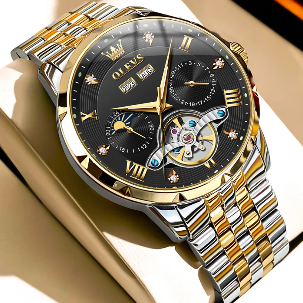 OLEVS 6691 Herrenuhr Luxus Business Original Schwungrad Automatische mechanische Uhr für Mann Ewiger Kalender Mondphase Leuchtend 8
