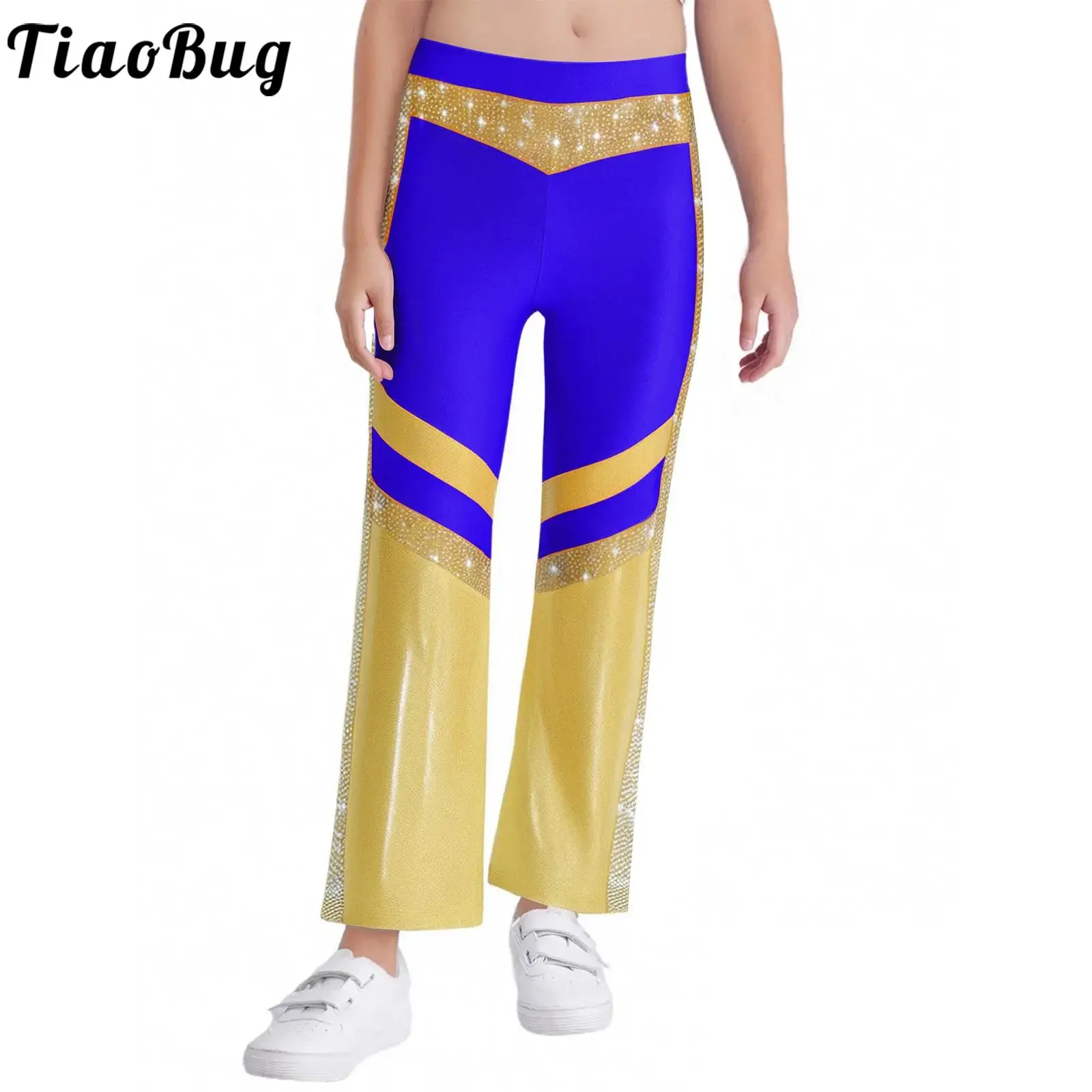 

Kid Girls Jazz Dance Figure Skating Costume Gymnastic Acrobatics Performance Dancewear Elastic Waistband Rhinestone Flared Pants