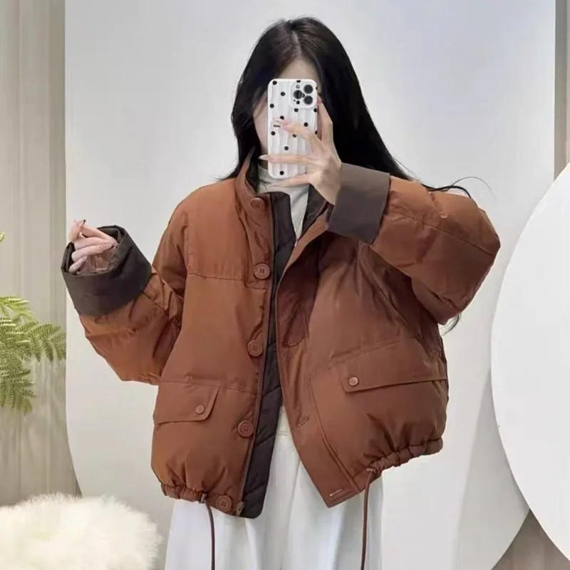 Oversized kort donsjack met contrasterende kleur voor dames 2025, nieuwe wintermode, veelzijdige pufferjas, verdikt