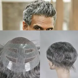Lace Front Toupee for Men Human Hair Piece Durable Hair System Fine Mono Hair Mixed Grey, European Hair Wigs 8