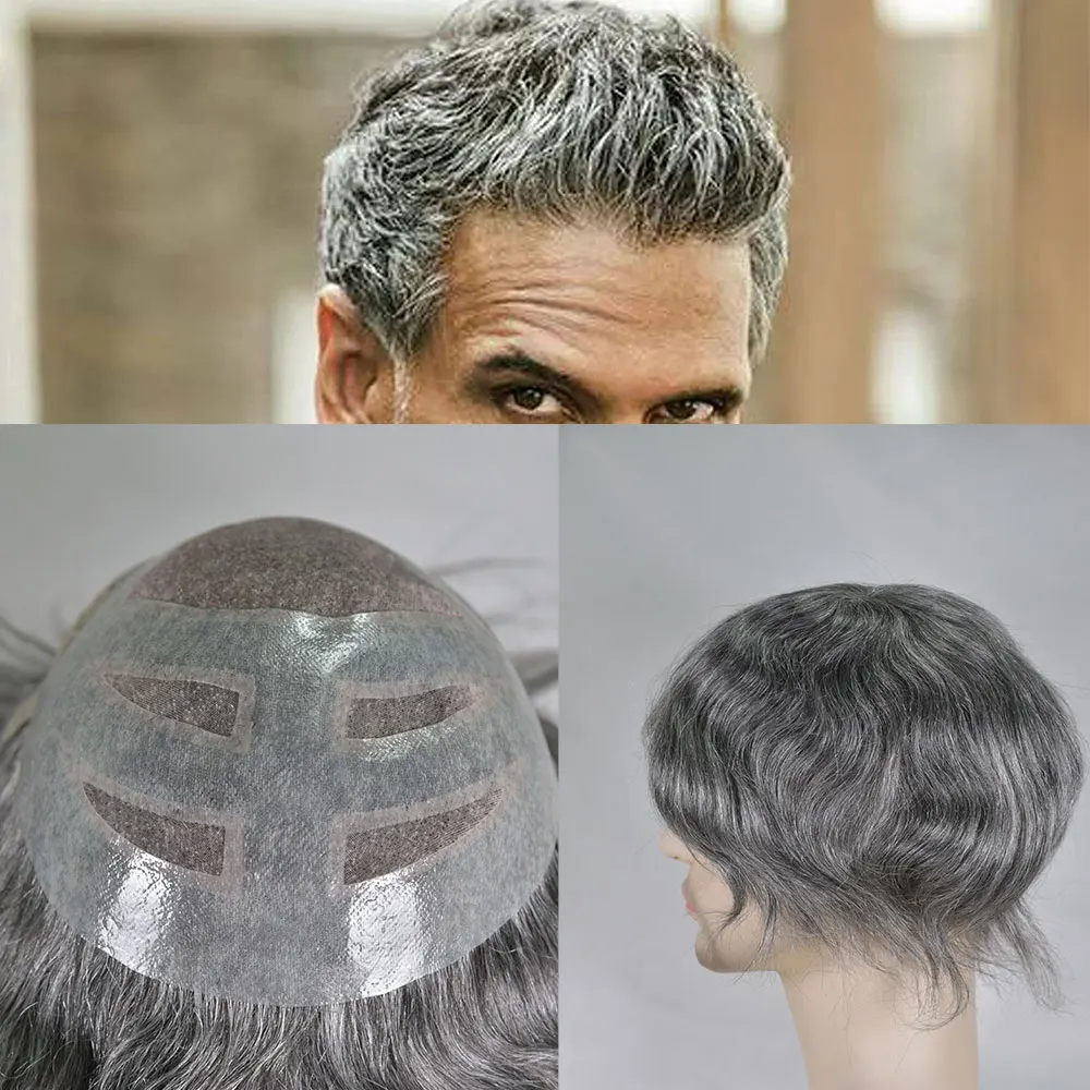 Lace Front Toupee for Men Human Hair Piece Durable Hair System Fine Mono Hair Mixed Grey, European Hair Wigs 8 