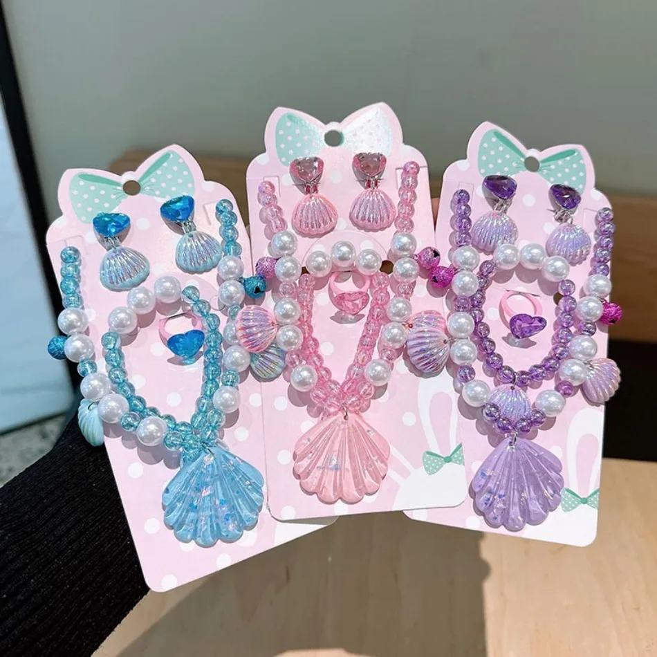 Mermaid Ocean Shell Pearl Beaded Necklace Earrings Jewelry Set for Girls Princess Accessories Birthday Party Dress Up Kit ZX07