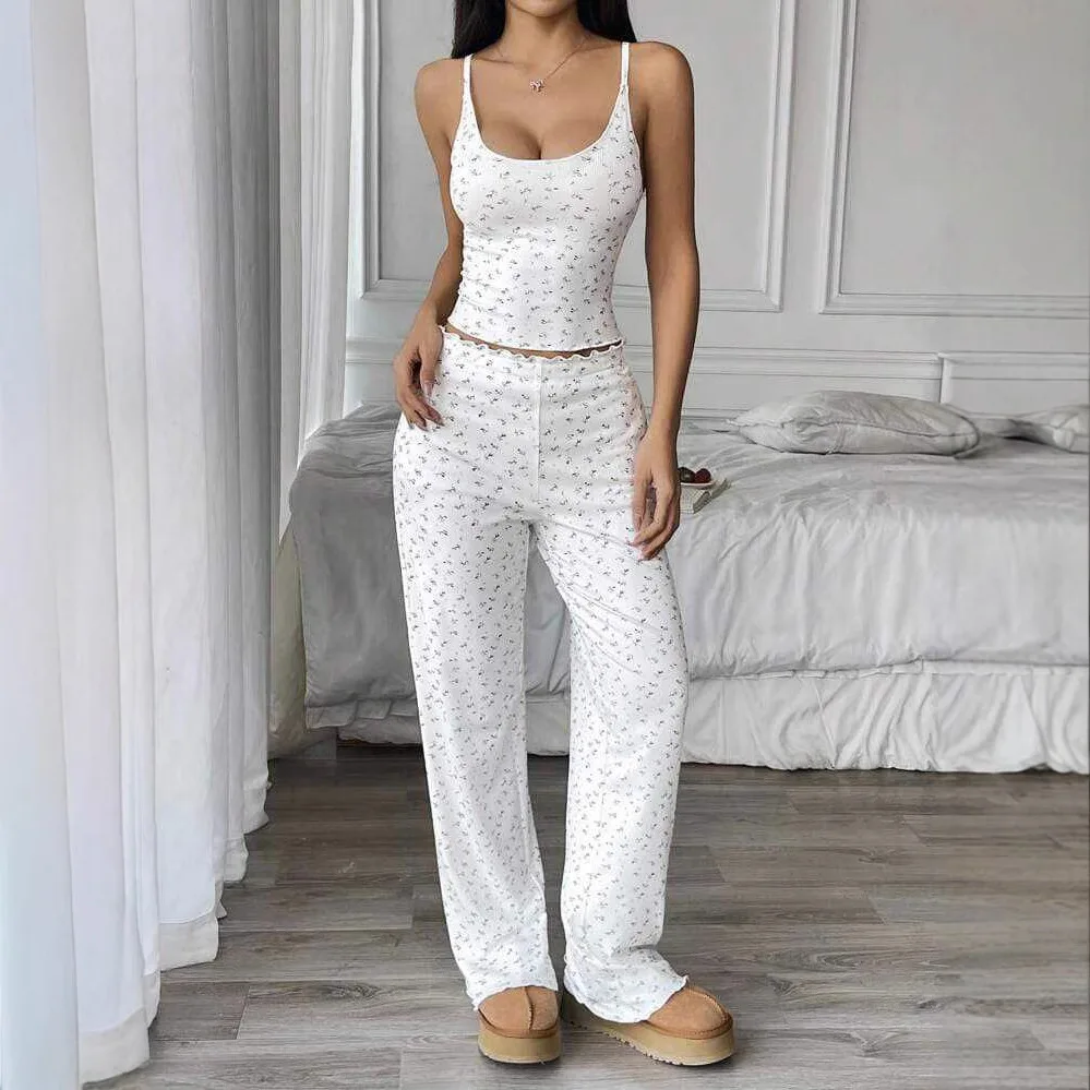 2025 Amazon Cross-border TK Set, Small Floral Vest Plus Wide-leg Trousers, Casual Home Two-piece Set For Women