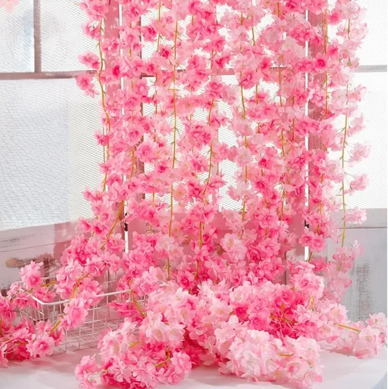 Artificial Cherry Blossoms Vines Silk Sakura Flowers Rattan Christmas Hanging Garland Ornaments Wedding Party Garden Home Decor