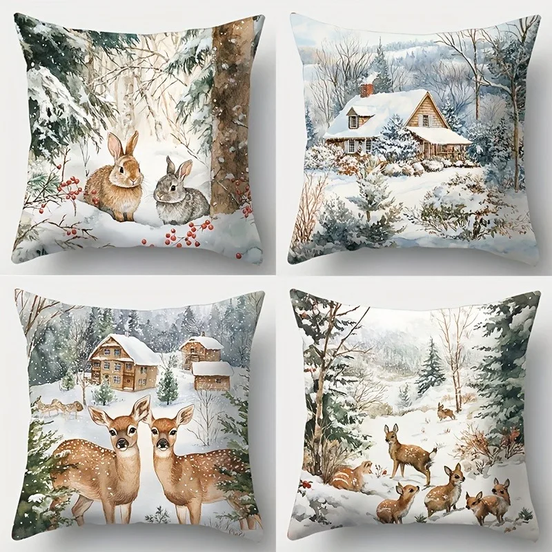 Christmas Pillowcases: Snowy Woods with Rabbits, Cottages, and Deer Sofa room cushion cover home decoration new year gift