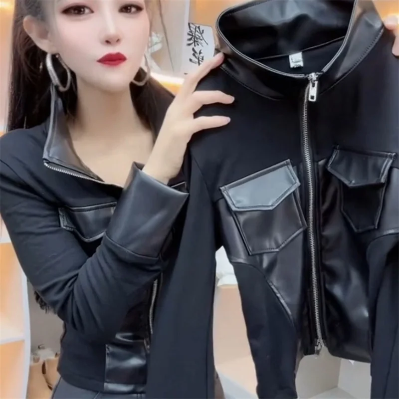 Chaqueta de cuero fina de diseño a la moda, chaquetas de cuero para mujer, abrigo corto de motocicleta con bolsillo y empalme de cuero, primavera y otoño