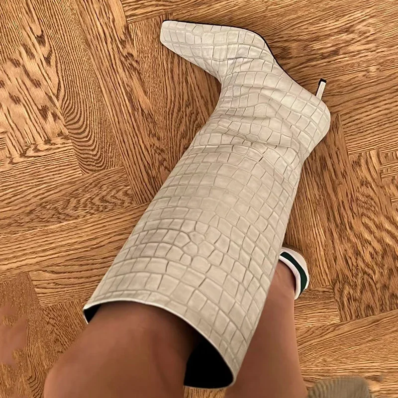 

Beige Croc-Print Square-Toe Slip-On Stiletto Boots Woman Winter 2026 Wide Tube Knee-High Boots for Women Luxury Design