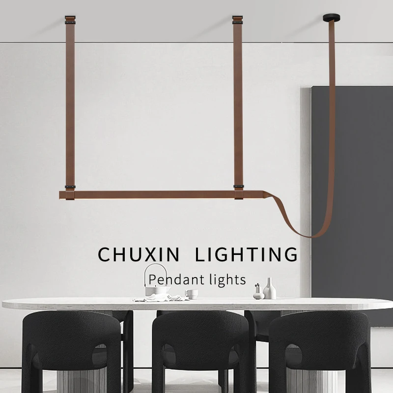 Post-modern Simple Restaurant Strip Belt Chandelier Designer's New Creative Table Bar Line Leather Decorative Lighting