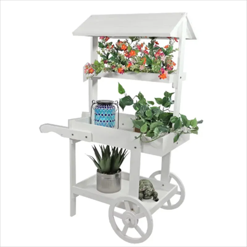 

Country Market Flower Cart Display Stand with Wheels 2 Shelves Fir Wood, Creative Decorative Ornaments,White