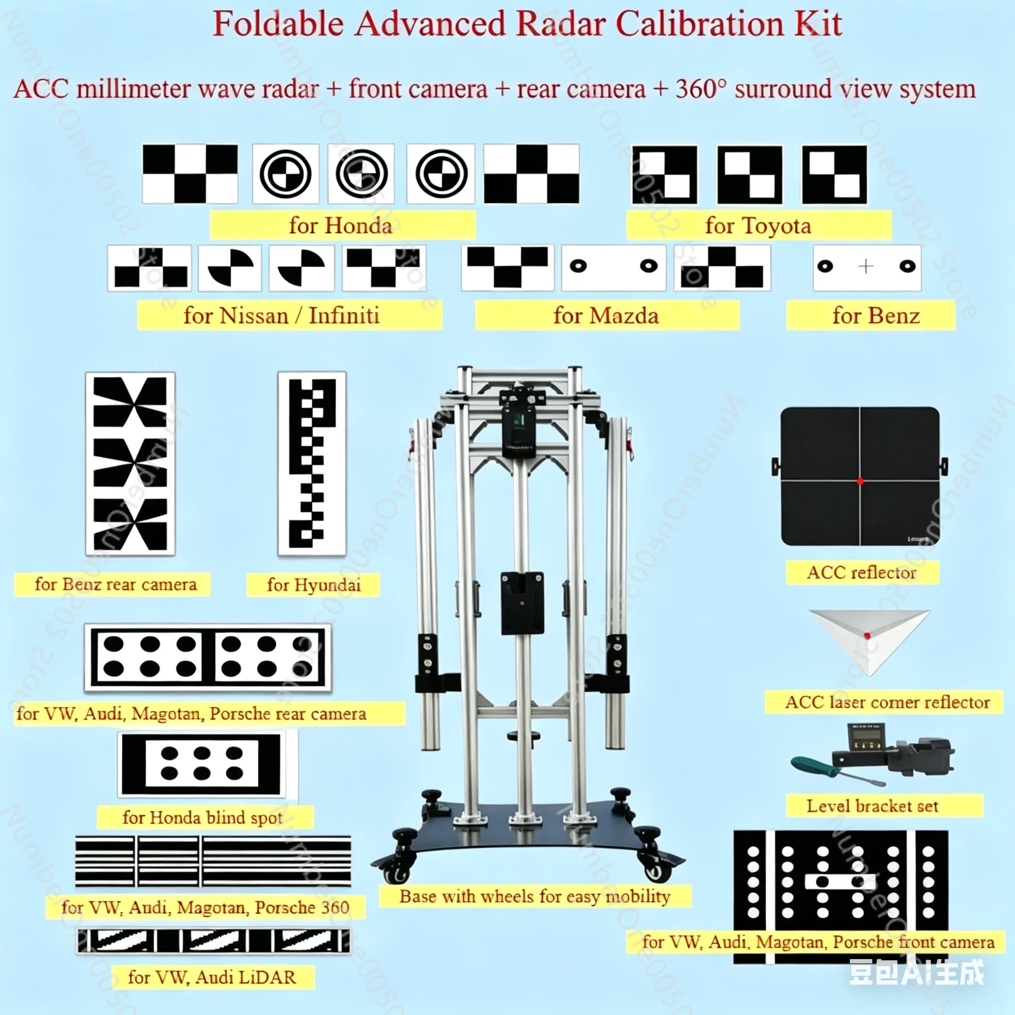 

Foldable ADAS Calibration Complete Kit ACC mmWave Radar,Front Rear Camera,360 Surround View Calibration for Toyota,Honda,VW,Benz