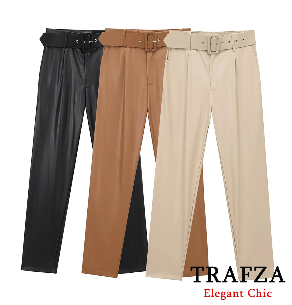 

TRAFZA Women's Classic PU Leather Pants with a Chic Belt New 2025 Spring Fall High Street Stylish High Waist Leather Pants