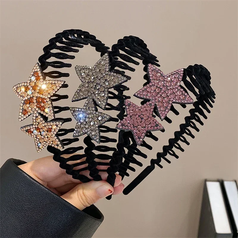 Rhinestone Double-star Hair Hoops Bands Flocking Face Wash Hair Bands for Women Teeth Comb Headband Luxury Hair Hoop Accessories