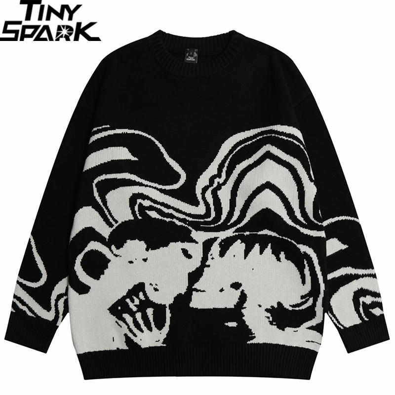 Men Streetwear Sweater Retro Painting Skull Graphic Hip Hop Knitted Sweater Vintage Pullover Casual Wool Sweater Hipster