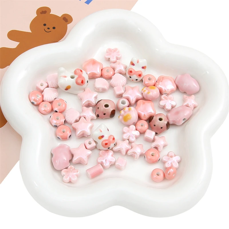 Handmade Pink Color Ceramic Beads Porcelain Heart Star Shell Flower Fish Beads for Necklace Bracelet DIY Jewelry Craft Making