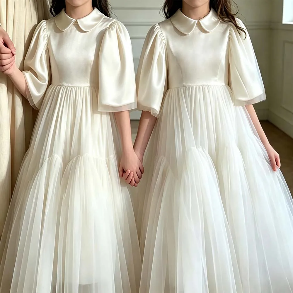 Girl First Communion Dress Peter Pan Collar Puff Short Sleeve Tulle Long Dress Kids Formal Birthday Party Wedding Flower Girl Dr
