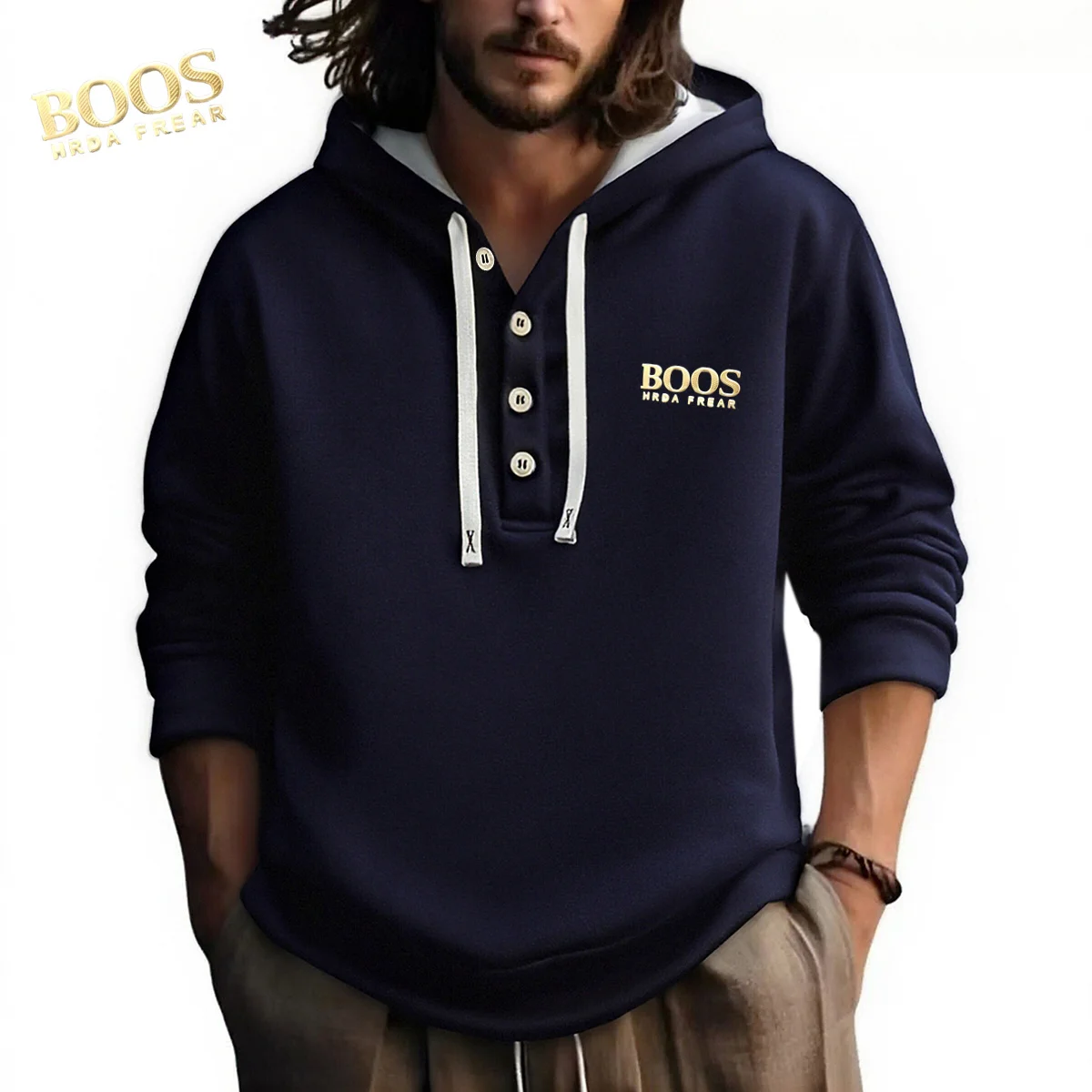 سويت شيرت رجالي ذو تصميم مميز بشعار ذهبي قياسي، هوديس بأكمام طويلة، سويت شيرت اجتماعي غير رسمي للأعمال #4