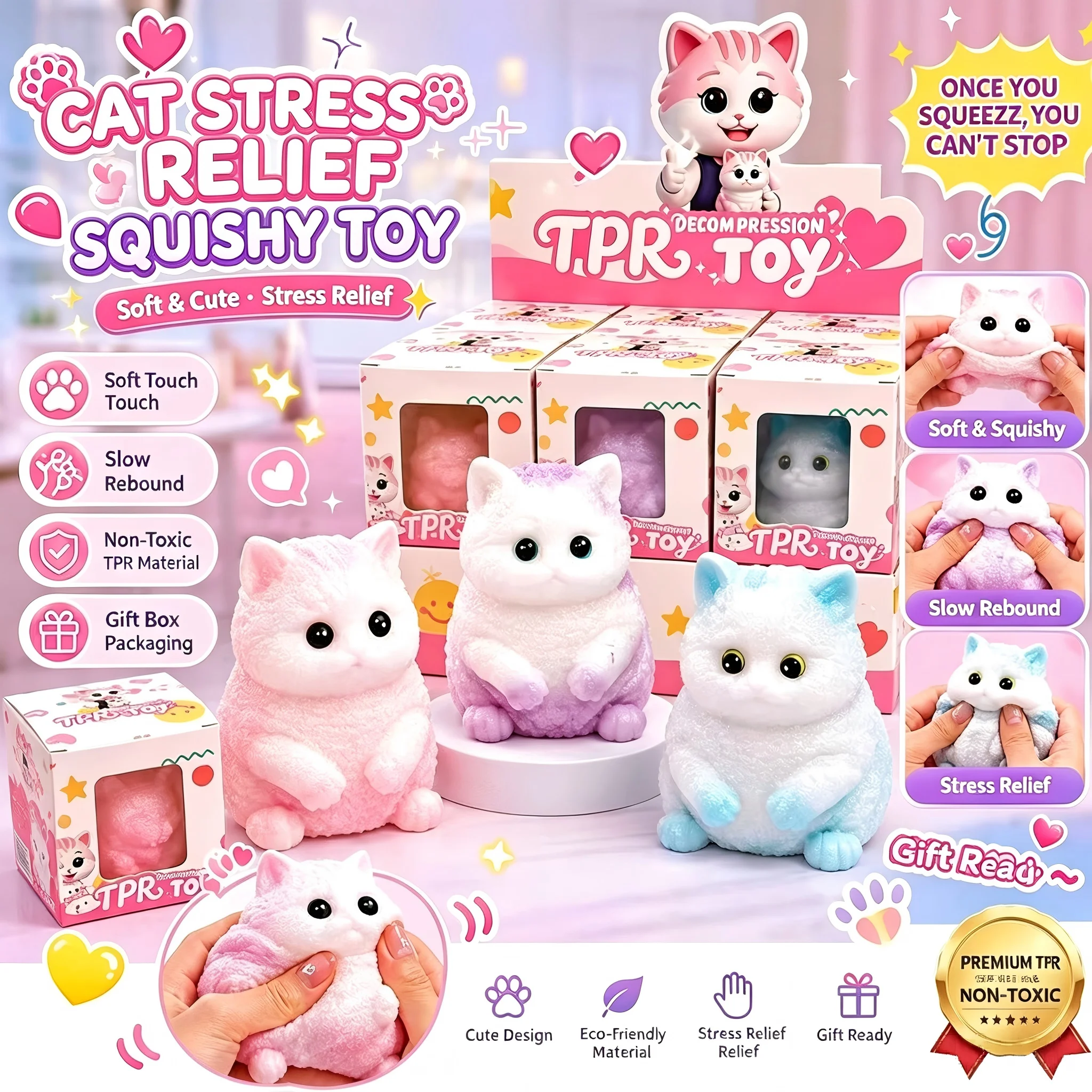 Simulation Cat Squishy Fidget Toy, Soft TPR Squeeze Stress Relief Toy, Cute Animal Decompression Toy for Party Favors