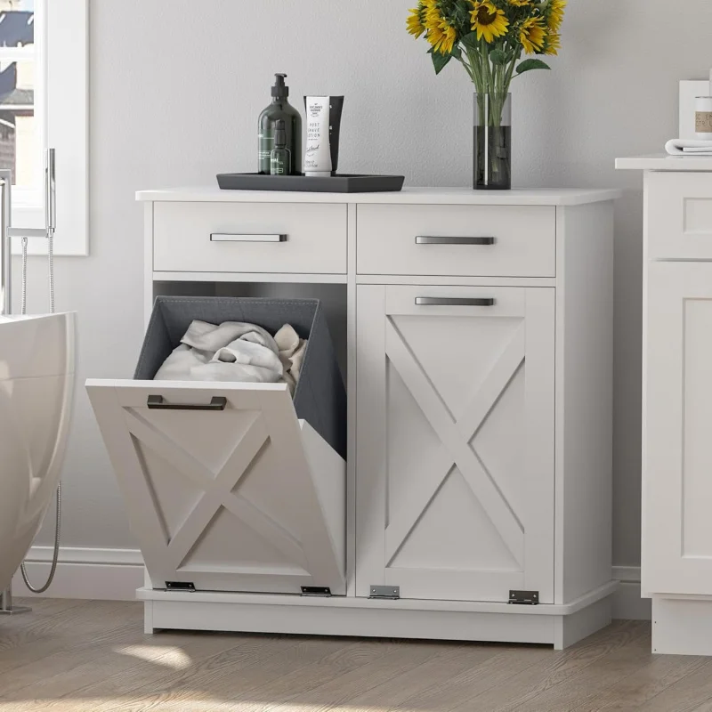 

2026 New：White Double Tilt Out Laundry Hamper Cabinet Laundry Basket Cabinet Hidden Laundry Hamper with 2 Drawers & 2 Baskets fo