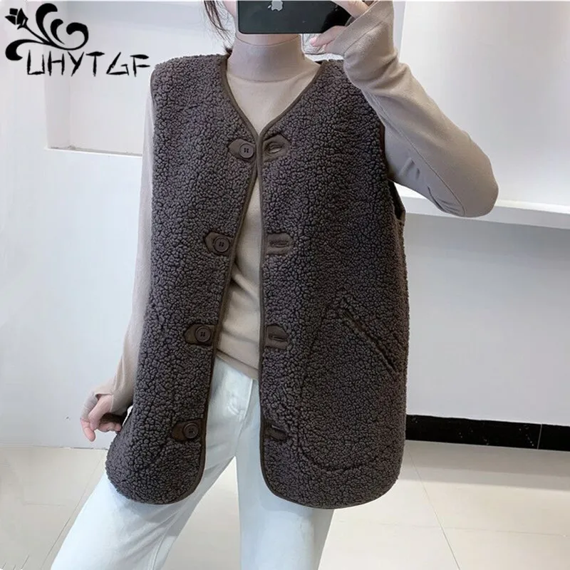 

UHYTGF Imitation Lamb Wool Vest Coat Women's Mid-Length Casual Warm Autumn Winter Waistcoat Female Loose Sleeveless Jacket 2455