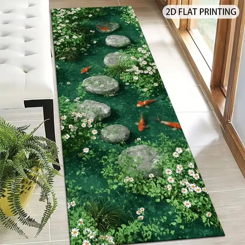 VIKAMA 3D Koi Fish Stone Pond Runner Rug Non Slip Absorbent Long Floor Mat Oriental Lucky Carp Hallway Home Decor